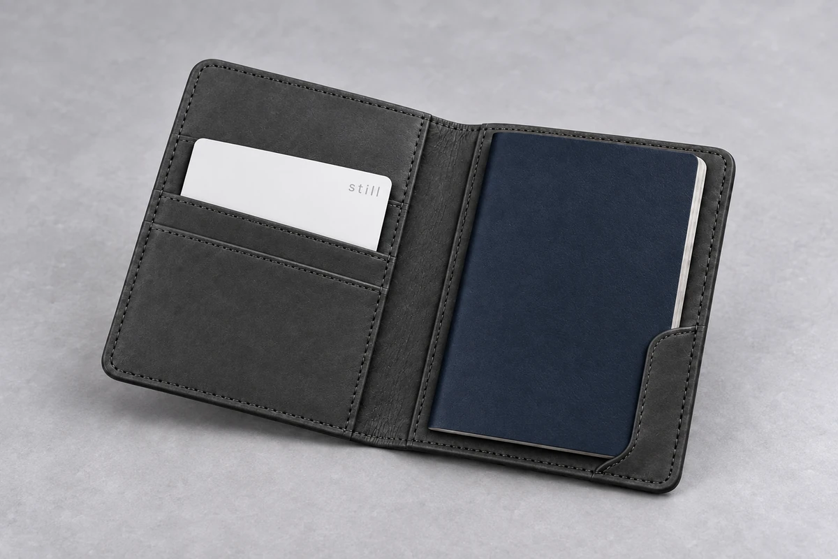 Credit-card-sized white Still Card in a charcoal leather passport holder beside a navy passport on a soft gray surface