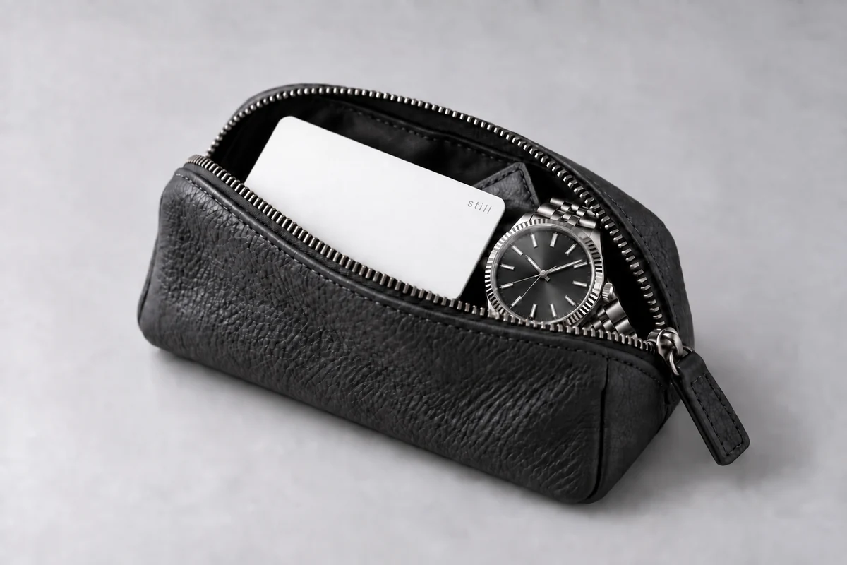 White Still Card beside a premium steel watch in a charcoal valuables pouch