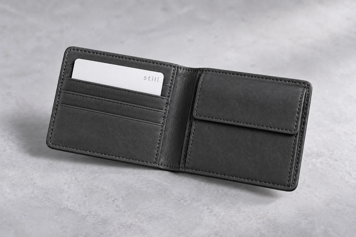 White Still Card in an open charcoal leather bifold wallet, softly lit on a gray stone surface